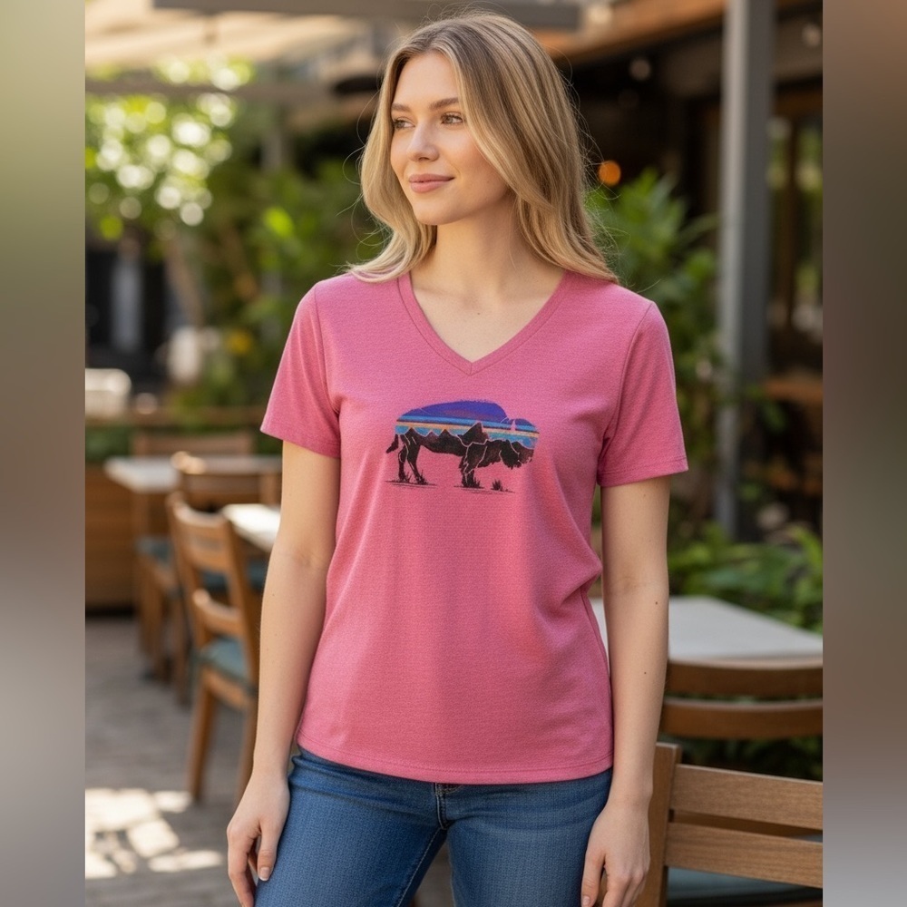 Patagonia Women's Fitz Roy Bison V-Neck Short Sleeve T-Shirt Small